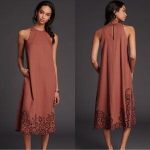 Mauve by Anthropologie Daphne Embroidered Honey Brown Midi Dress